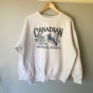 VINTAGE white crew neck cotton blend sweater white bird design Sz XL